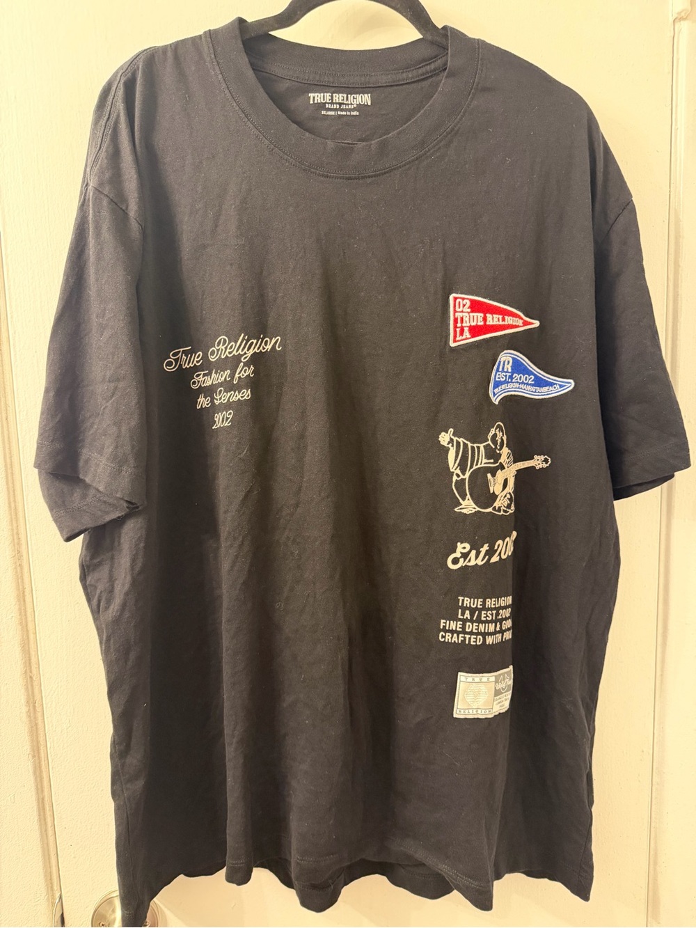 True Religion Black Short Sleeve Tee with Red & Blue Patches